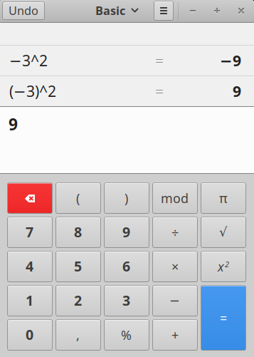 Calculator (gnome-calculator): bewerking -3^2 wordt uitgevoerd als -(3^2).